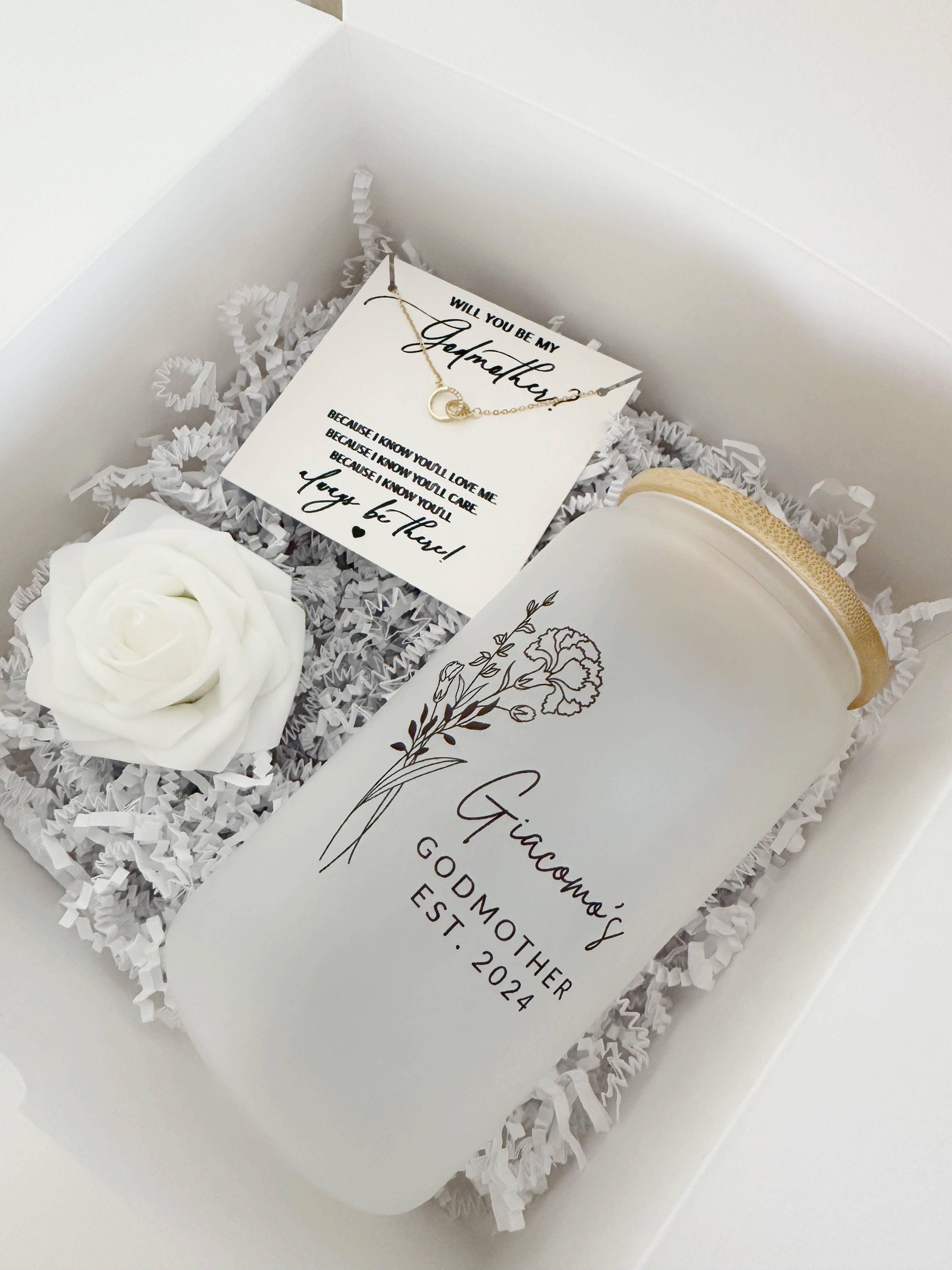 Godmother proposal box with frosted cup