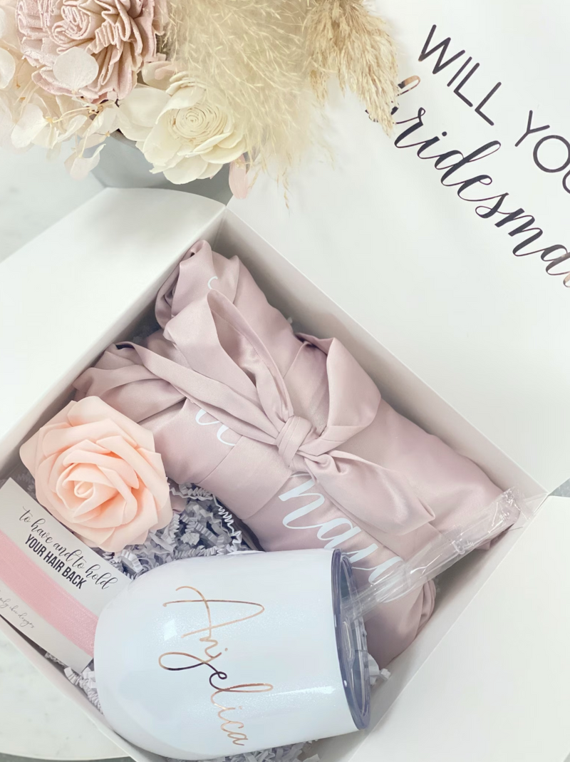 Bridesmaid proposal gift box- personalized bridesmaid wine tumbler- bridesmaid satin lace robe - bridal party robes - will you be my maid of honor