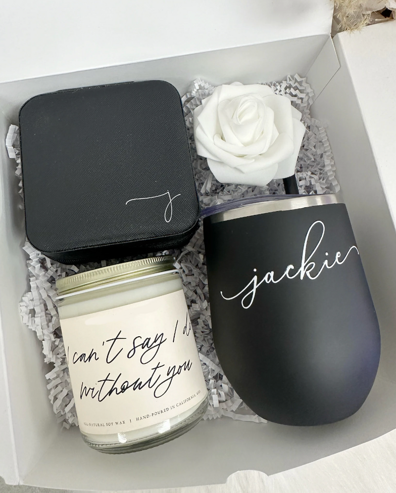 Bridesmaid proposal gift box set idea bridesmaid wine tumbler cant say i do without you candle personalized travel jewelry box will you be