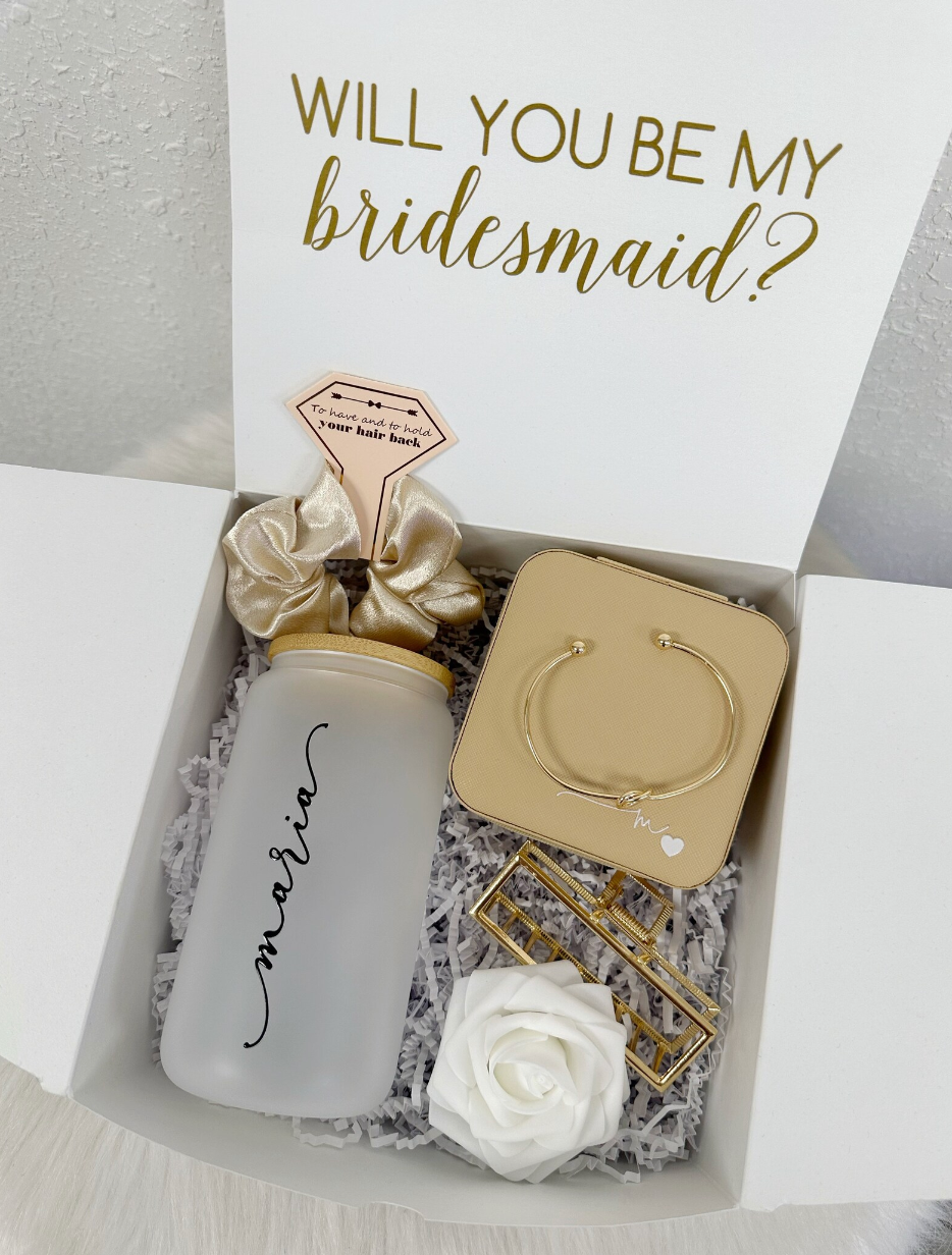 Bridesmaid proposal gift box idea- frosted ice coffee beer can glass travel jewelry box personalized gift boxes maid of honor proposal idea