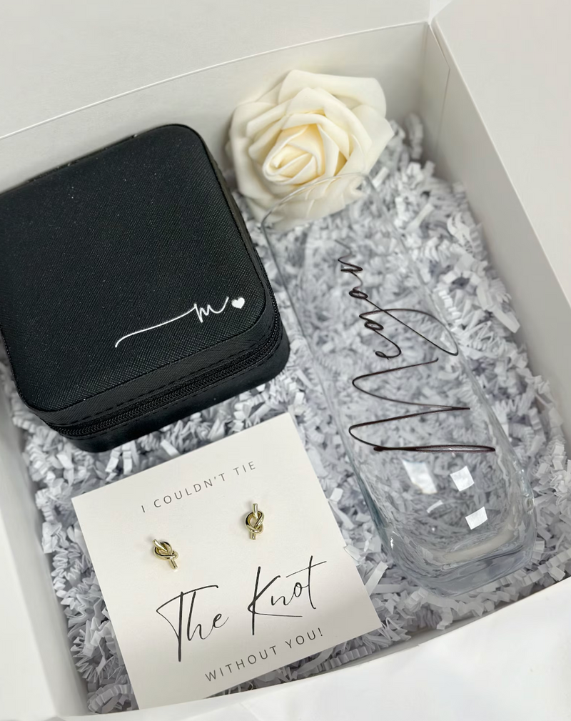 Will you be my bridesmaid proposal box set with flute, earrings and jewelry box