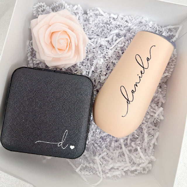 Bridesmaid proposal gift box set- bridesmaid champagne flute tumbler- maid of honor proposal- personalized travel jewelry box case initial