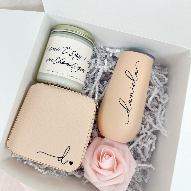 Bridesmaid proposal gift box set idea- bridal party candle personalized champagne flutes tumblers maid of honor box jewelry travel case