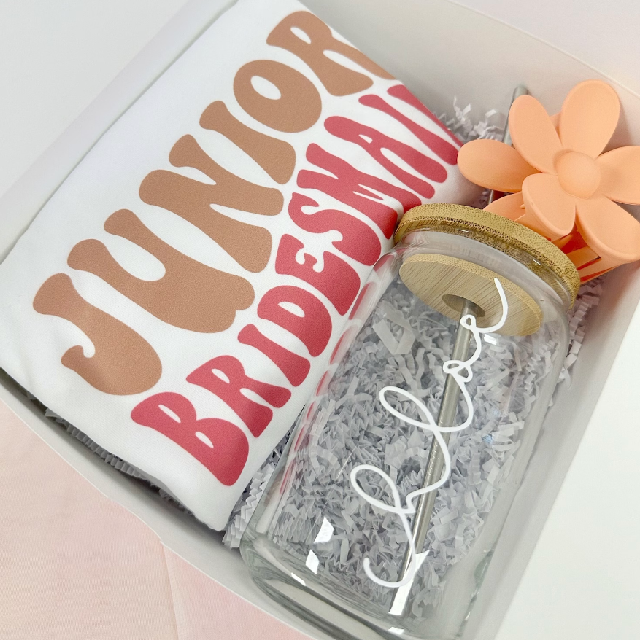 Junior jr bridesmaid proposal box gift idea- junior bridesmaid shirt flower hair clip glass can cup personalized bridal party flower girl