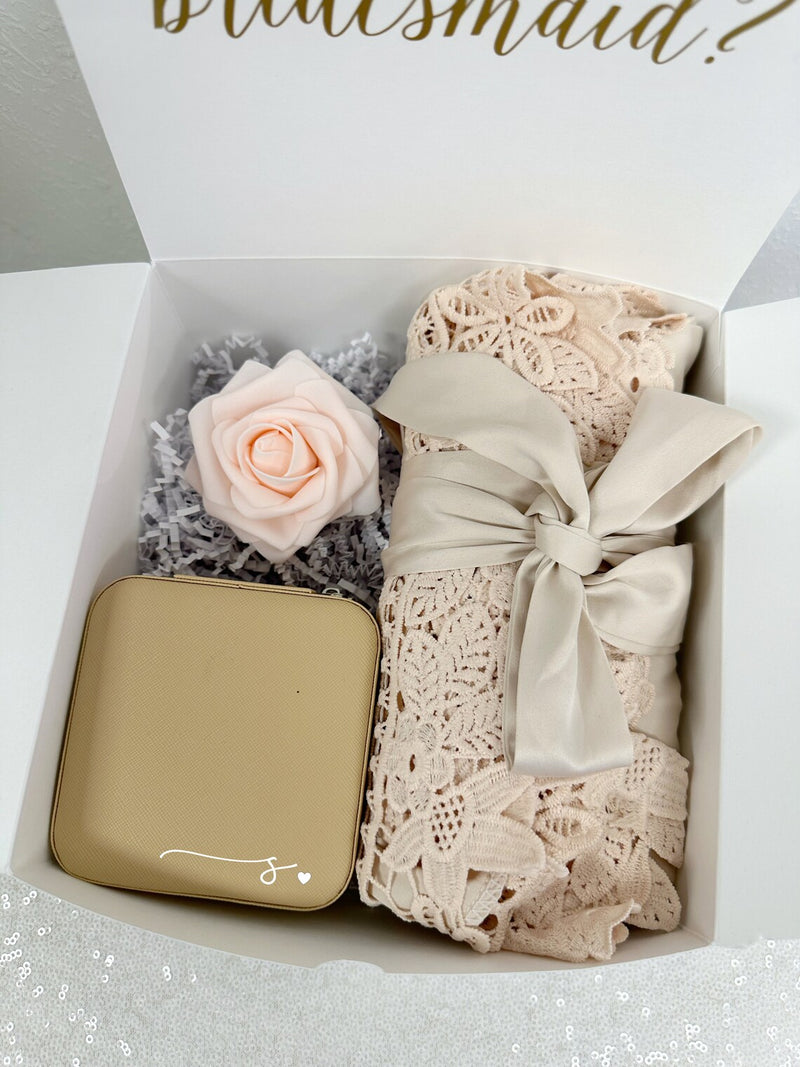 Bridesmaid proposal gift box- personalized bridesmaid satin robe - bridal party robes - will you be my box jewelry travel satin lace- flutes