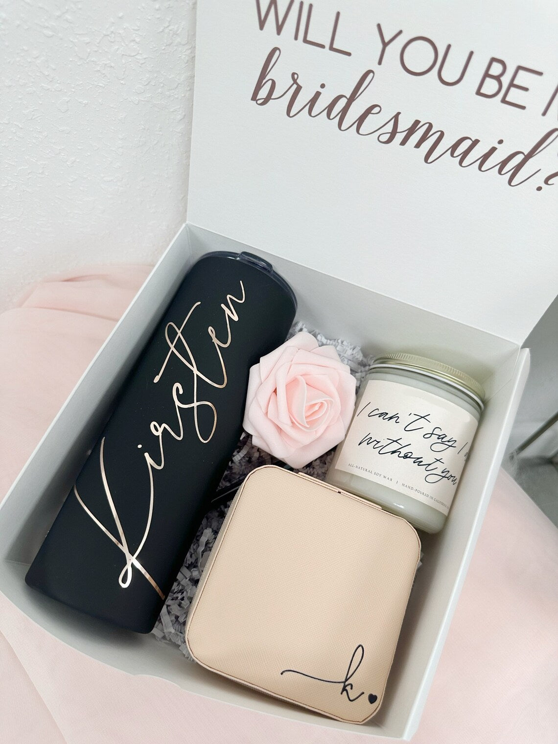 Bridesmaid proposal gift box set idea bridesmaid tumbler cant say i do without you candle personalized travel jewelry box with initial