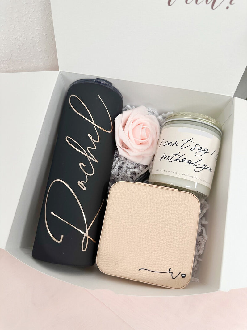 Bridesmaid proposal gift box set idea bridesmaid tumbler cant say i do without you candle personalized travel jewelry box with initial