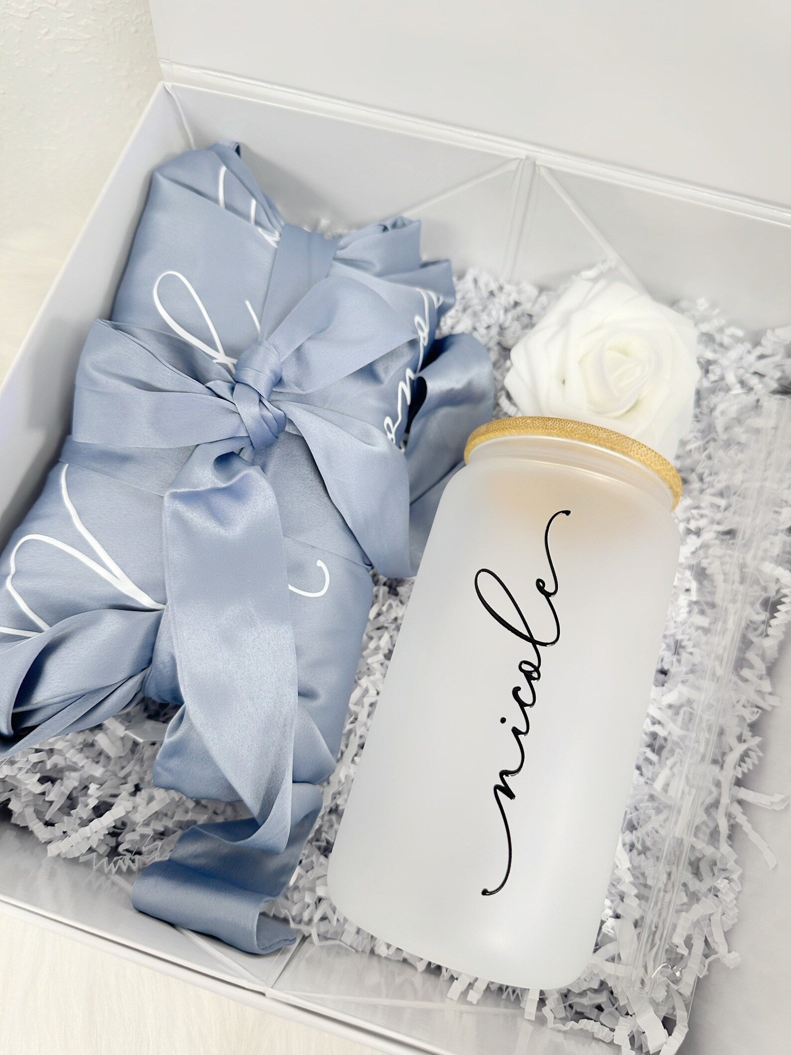 Bridesmaid proposal gift box- personalized bridesmaid frosted can glass- bridesmaid satin lace robe - bridal party robes - maid of honor box