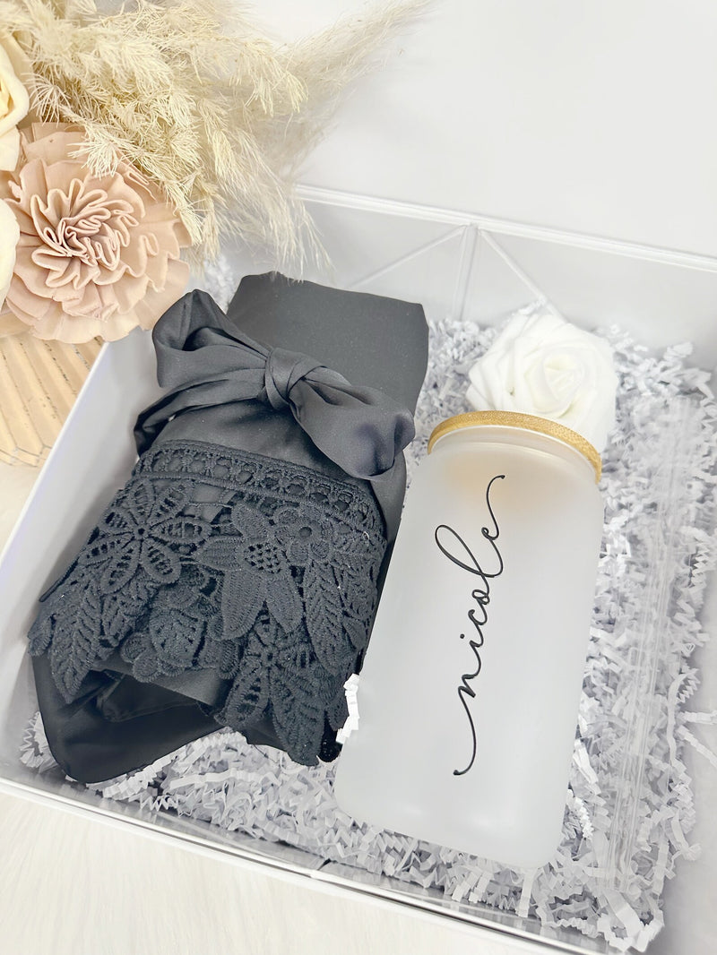 Bridesmaid proposal gift box- personalized bridesmaid frosted can glass- bridesmaid satin lace robe - bridal party robes - maid of honor box