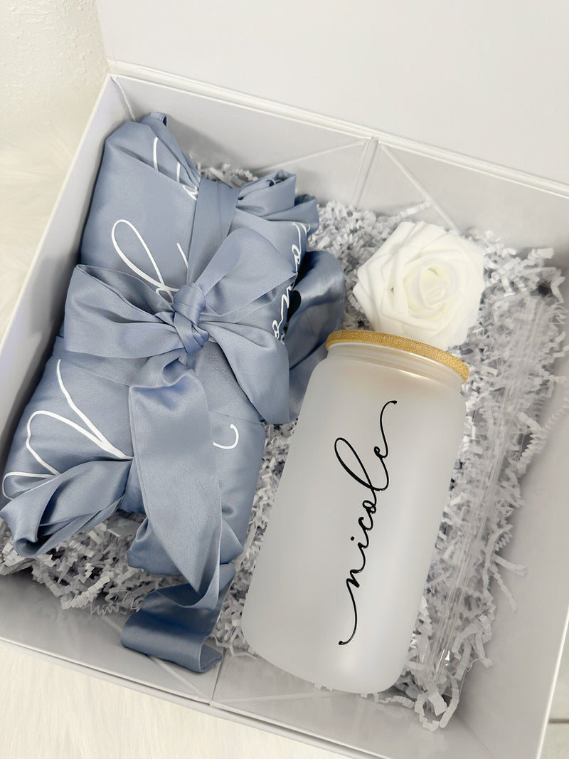 Bridesmaid proposal gift box- personalized bridesmaid frosted can glass- bridesmaid satin lace robe - bridal party robes - maid of honor box