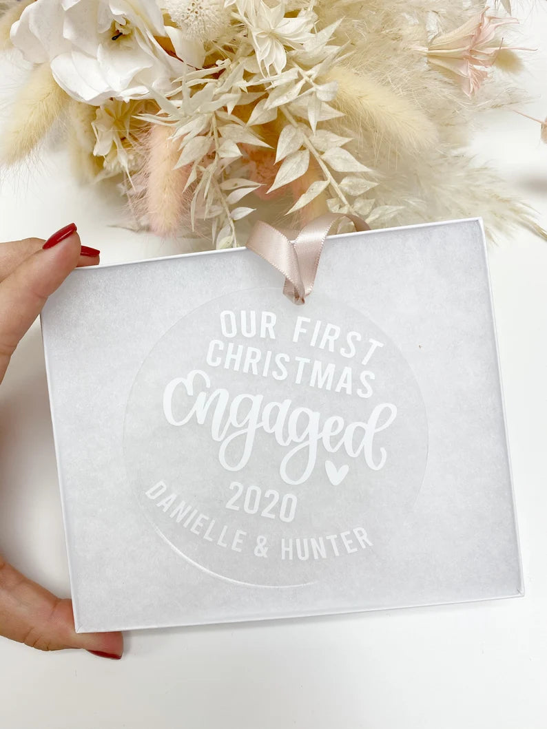 Our first Christmas engaged 2023 ornaments- engagement gift idea- christmas gift idea for bride to be- future Mrs acrylic ornaments- holiday.