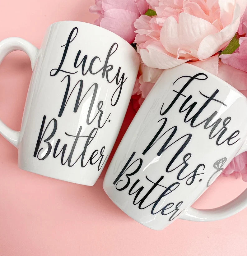 Future mrs lucky mr mug set- mr and mrs mugs- engagement mug gift for engaged couple- personalized engagement mrs mug- bride mug- engaged