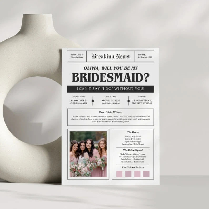 Printed Bridesmaid newspaper proposal card will you be my photo of bridal party maid of honor proposal card custom personalized card.