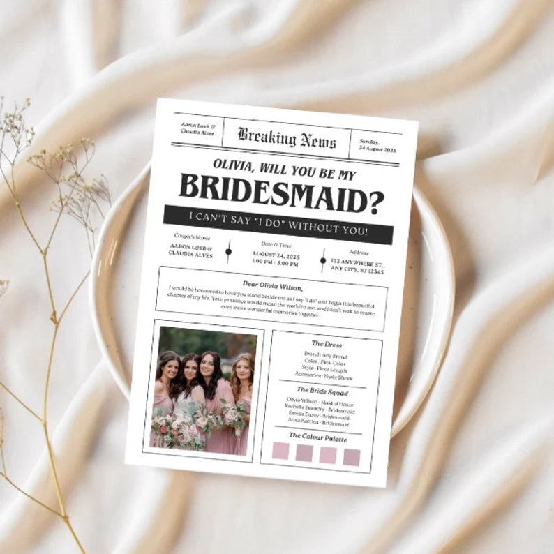 Printed Bridesmaid newspaper proposal card will you be my photo of bridal party maid of honor proposal card custom personalized card.