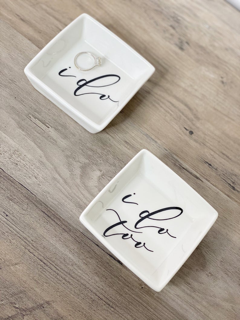 I do ring dish- mr and Mrs ring dish set- bride groom ring trinket dish holder- gift for mr and Mrs- engagement gift idea for newlyweds coup