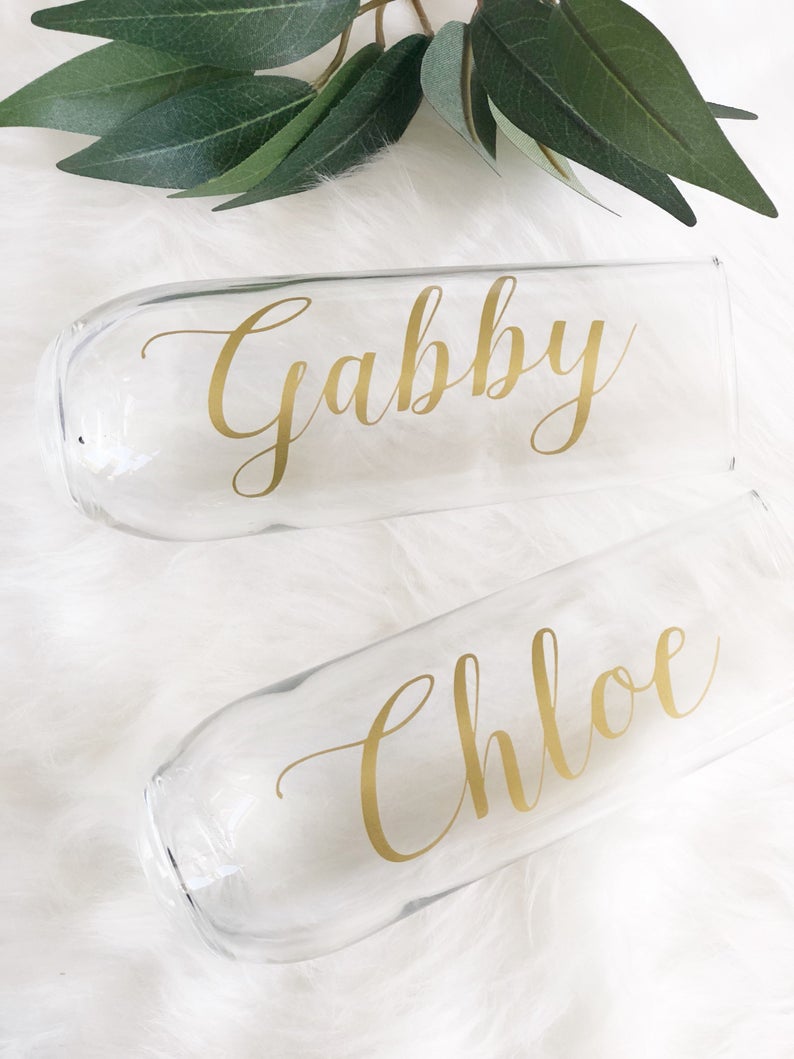 Personalized champagne flutes- gold bridesmaid champagne glasses - bridal party flutes- bridesmaid proposal champagne - toasting flutes-