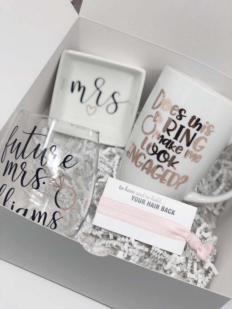 Does this ring make me look engaged mug- future mrs wine glass- bride gift box set for bride to be - engagement gift box - congrats bride