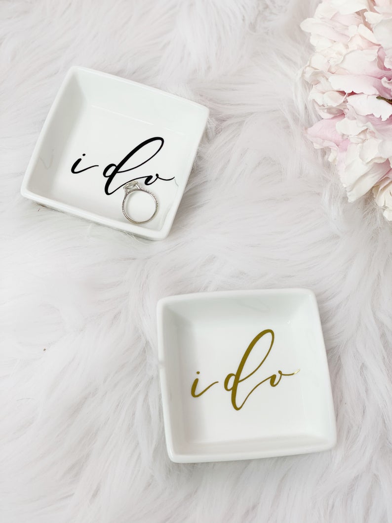 I do ring dish- mr and Mrs ring dish set- bride groom ring trinket dish holder- gift for mr and Mrs- engagement gift idea for newlyweds coup