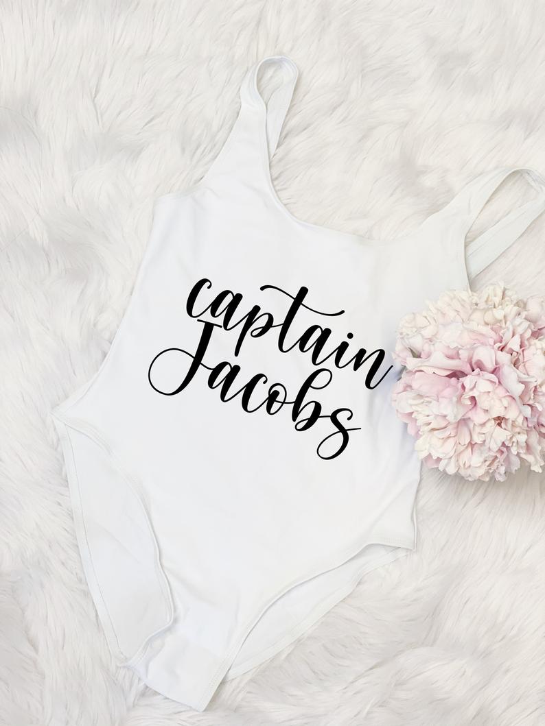 Personalized captain bathing suit- bride swimsuit- one piece custom swimsuit for bachelorette party swims- beach bridal- honeymoon swim wear