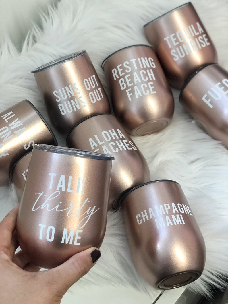 Personalized name wine tumblers- vacation tumblers- bridesmaid bachelorette cups- bridal party tumblers- rose gold swig wine tumblers- custo