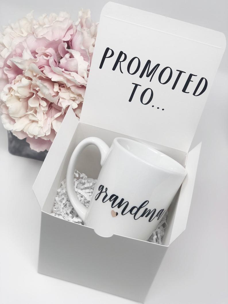 Promoted to grandma grandpa mug set-best moms get promoted to- reveal party gifts- grandparents pregnancy reveal- baby announcement ideas