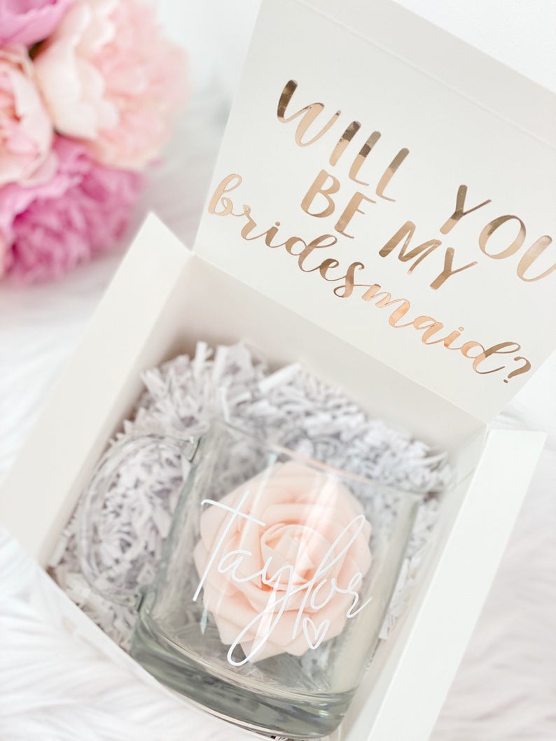 Bridesmaid proposal box idea - clear glass mug- will you be my maid of honor - personalized bridal party gifts- matron of honor box- bride