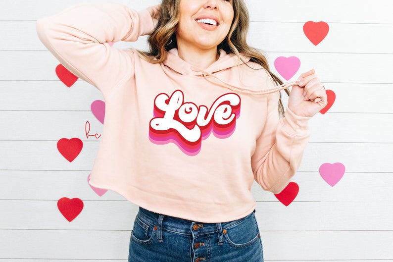 Retro love cropped hoodie sweater valentines day sweater- pink sweater- xoxo hugs and kisses- galentines day sweater- retro love graphic tee