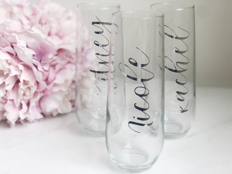 Silver bridesmaid champagne flutes - personalized champagne glass- gift for bridesmaid - bridesmaid proposal champagne flute - stemless