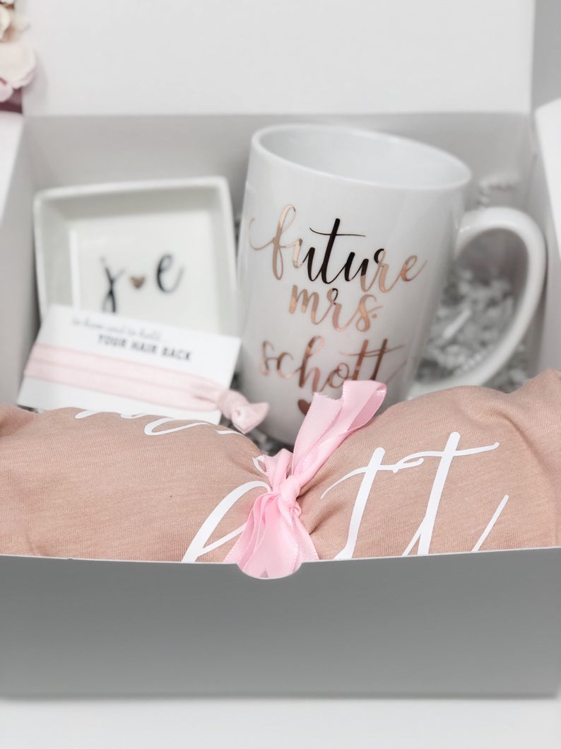 Future mrs engagement gift box set- gift set for bride- future mrs bride mug- pink bride shirt- bride to be box gift set- ring dish and mug