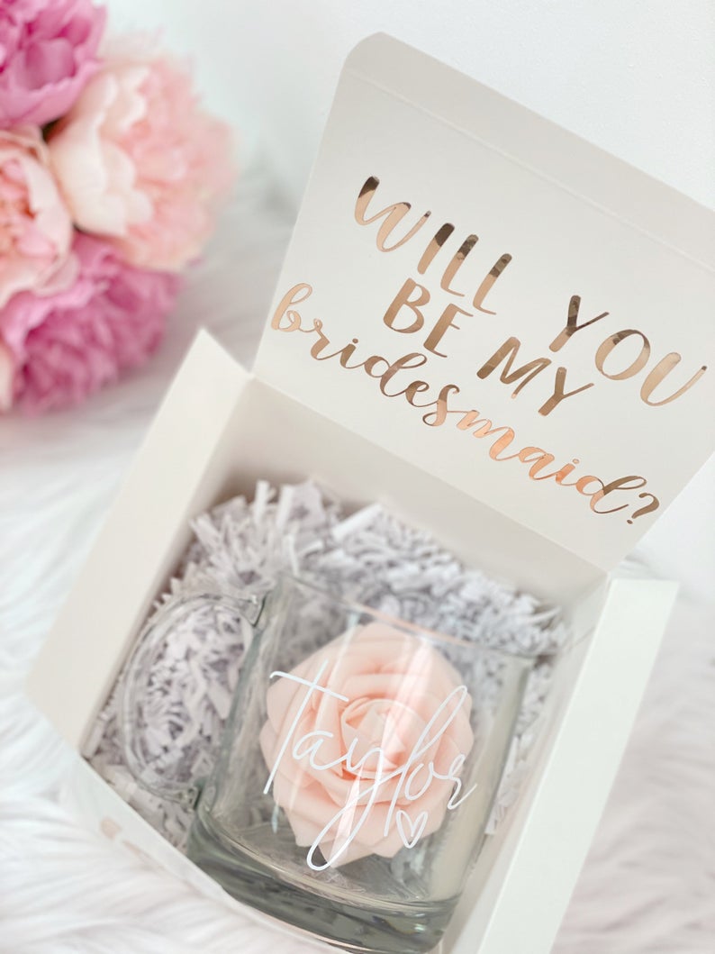 Bridesmaid proposal box idea - clear glass mug- will you be my maid of honor - personalized bridal party gifts- matron of honor box- bride