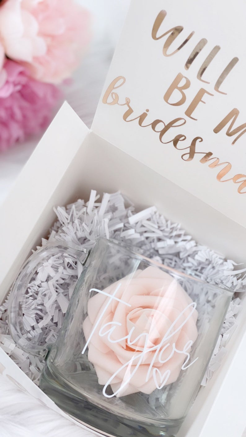 Bridesmaid proposal box idea - clear glass mug- will you be my maid of honor - personalized bridal party gifts- matron of honor box- bride