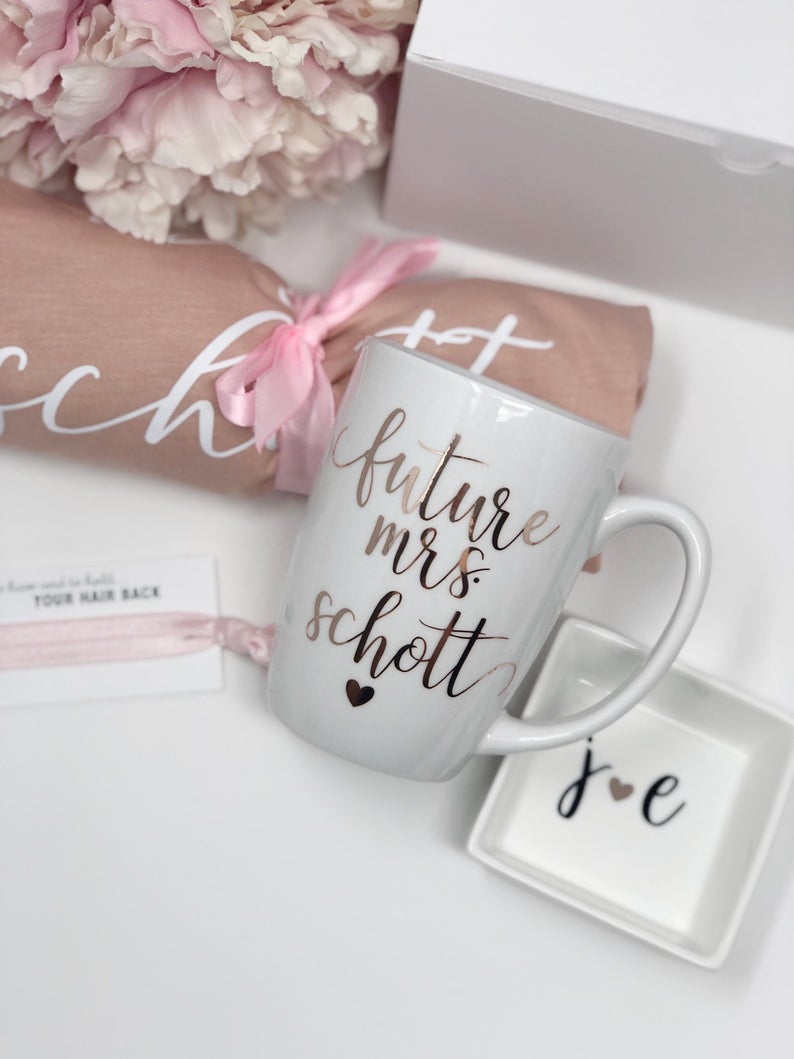 Future mrs engagement gift box set- gift set for bride- future mrs bride mug- pink bride shirt- bride to be box gift set- ring dish and mug