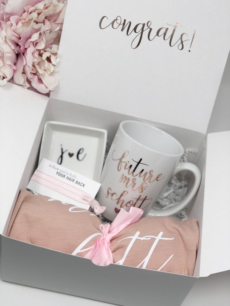 Future mrs engagement gift box set- gift set for bride- future mrs bride mug- pink bride shirt- bride to be box gift set- ring dish and mug