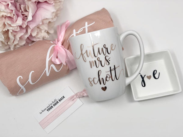 Future mrs engagement gift box set- gift set for bride- future mrs bride mug- pink bride shirt- bride to be box gift set- ring dish and mug