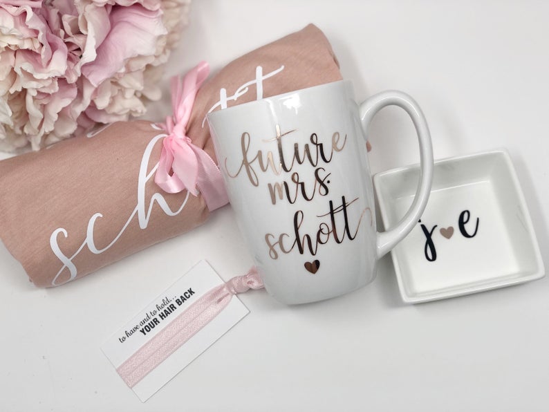 Future mrs engagement gift box set- gift set for bride- future mrs bride mug- pink bride shirt- bride to be box gift set- ring dish and mug