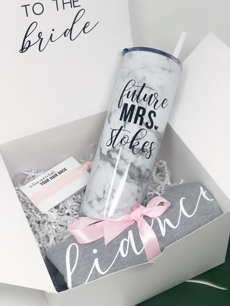 Future mrs stainless steel skinny tumbler gift box set for bride to be- engagement gift box set idea- fiance tank top shirt marble tumbler