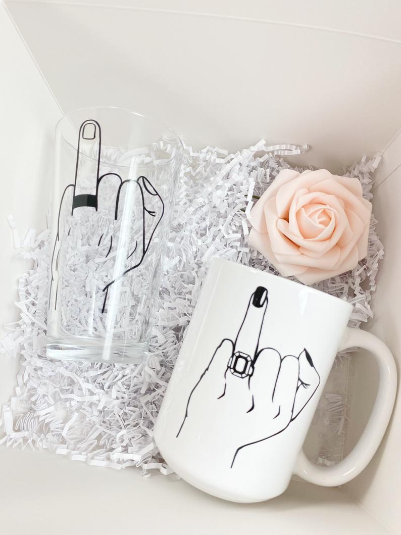 Couples ring finger gift set- beer glass and mug mr and mrs engagement gift box set- his and hers wifey and hubby wedding day gift idea