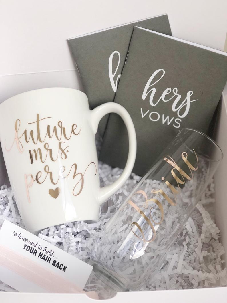 Engagement gift bride box gift set- vow books bride champagne flute- future mrs mug gift for bride- future mrs gift box- personalized bride