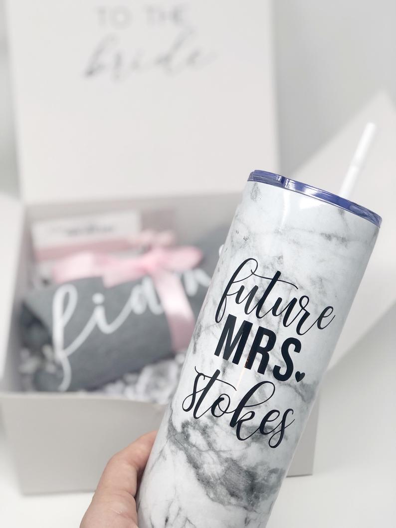 Future mrs stainless steel skinny tumbler gift box set for bride to be- engagement gift box set idea- fiance tank top shirt marble tumbler