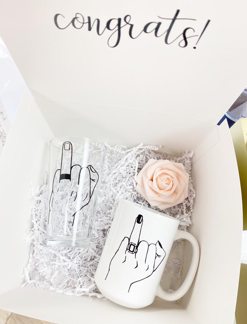 Couples ring finger gift set- beer glass and mug mr and mrs engagement gift box set- his and hers wifey and hubby wedding day gift idea