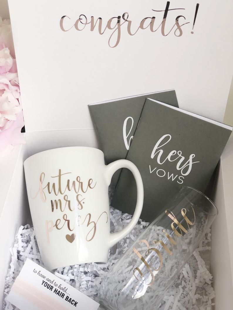 Engagement gift bride box gift set- vow books bride champagne flute- future mrs mug gift for bride- future mrs gift box- personalized bride