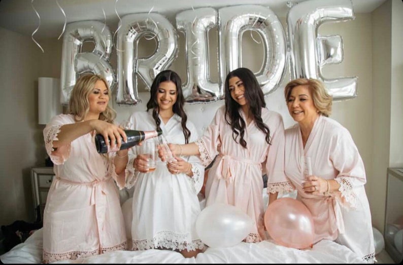 Personalized satin lace bridal party robe- wedding day robes- bridesmaid robes- blush bridesmaid proposal box kimono floral bridal party robe