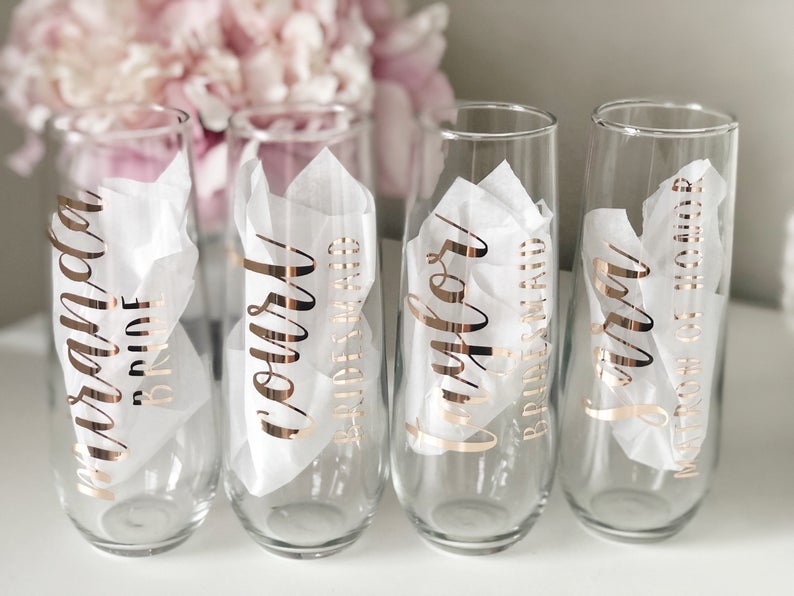 Rose gold champagne flutes- personalized champagne flutes- bridesmaid proposal box champagne flutes- wedding party champagne glasses-