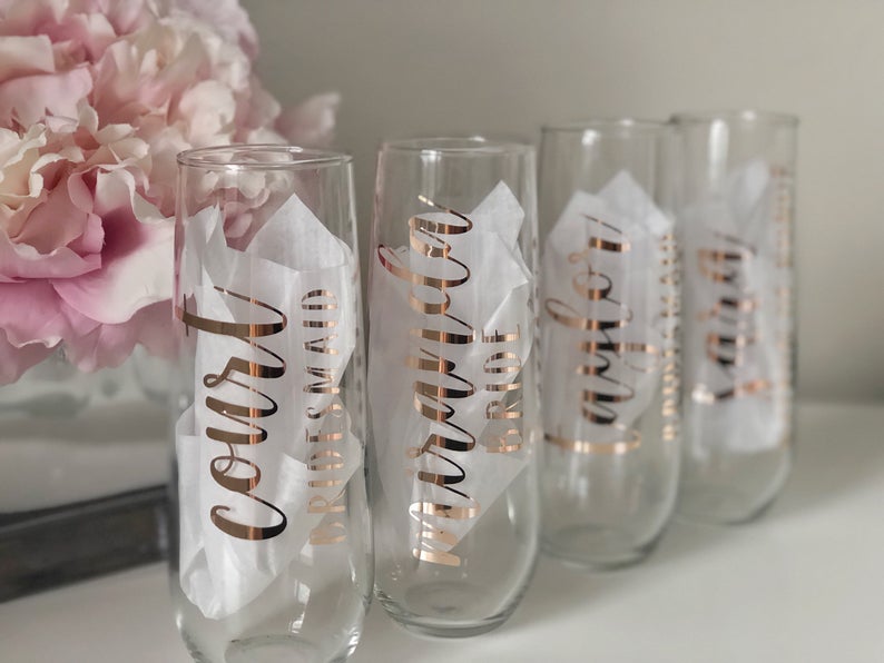 Rose gold champagne flutes- personalized champagne flutes- bridesmaid proposal box champagne flutes- wedding party champagne glasses-