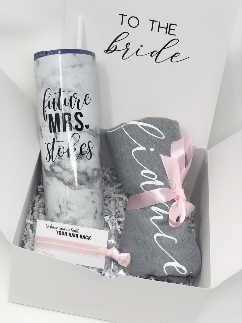 Future mrs stainless steel skinny tumbler gift box set for bride to be- engagement gift box set idea- fiance tank top shirt marble tumbler