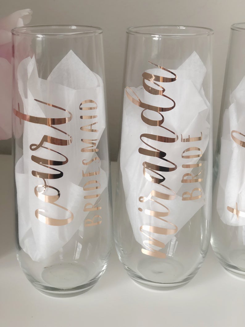 Rose gold champagne flutes- personalized champagne flutes- bridesmaid proposal box champagne flutes- wedding party champagne glasses-