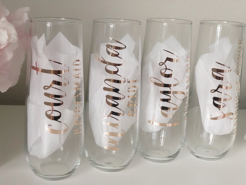 Rose gold champagne flutes- personalized champagne flutes- bridesmaid proposal box champagne flutes- wedding party champagne glasses-