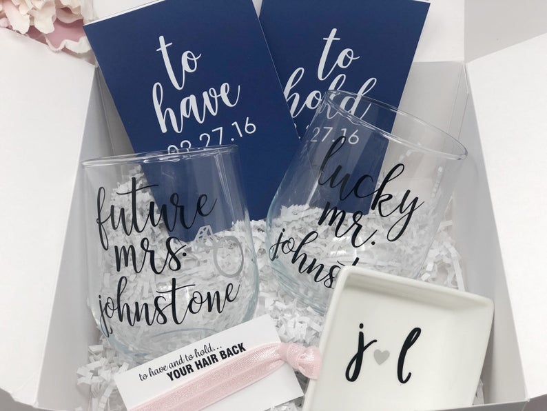 Future mrs lucky mr wine glass gift box set- gifts for engaged couples- wedding vow books- couples ring dish- bride and groom gift box set