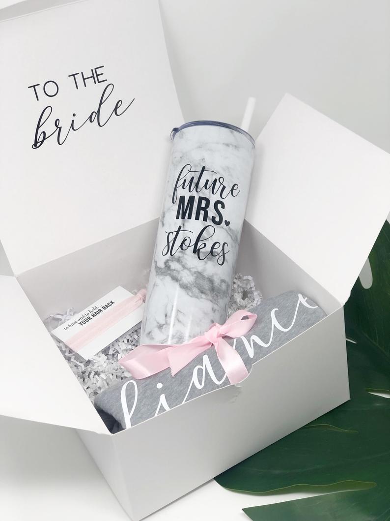 Future mrs stainless steel skinny tumbler gift box set for bride to be- engagement gift box set idea- fiance tank top shirt marble tumbler