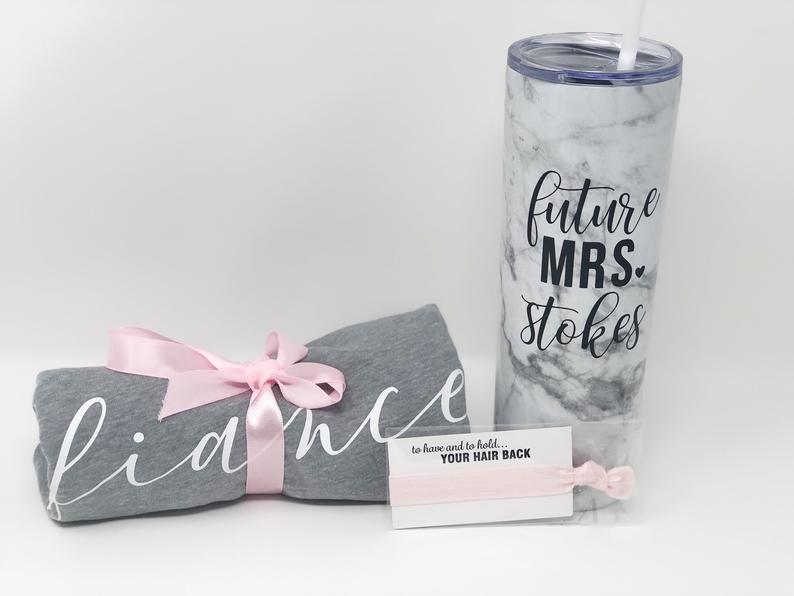 Future mrs stainless steel skinny tumbler gift box set for bride to be- engagement gift box set idea- fiance tank top shirt marble tumbler